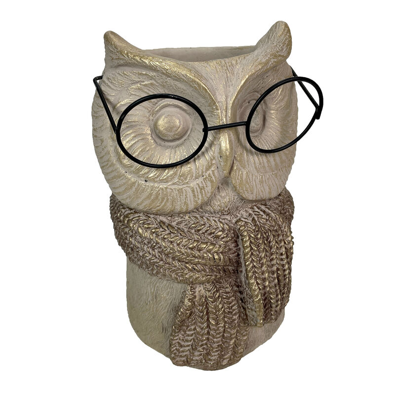 Bespectacled Owl Cement Vase 8.25" Gold Accents Knit Scarf Real Wire Glasses image number 0