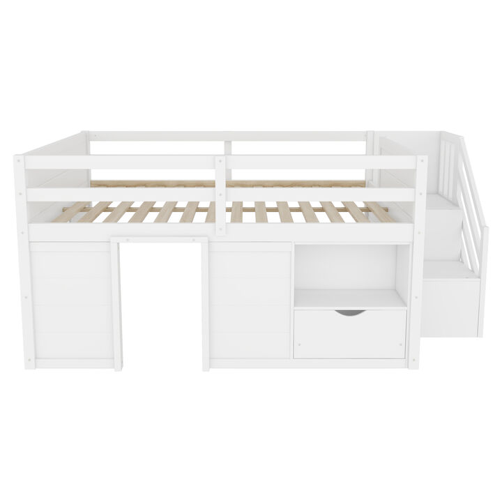 Whisen Full Size Solid Wood Low Loft Bed Frame with Built-in Stairs, Storage Drawer & Shelf for Kids Bedroom