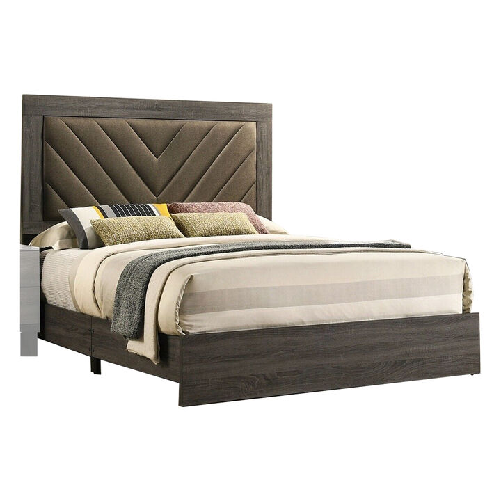 Cato Upholstered Queen Size Bed, Chevron Tufted Brown Headboard, Dark Gray  - Benzara