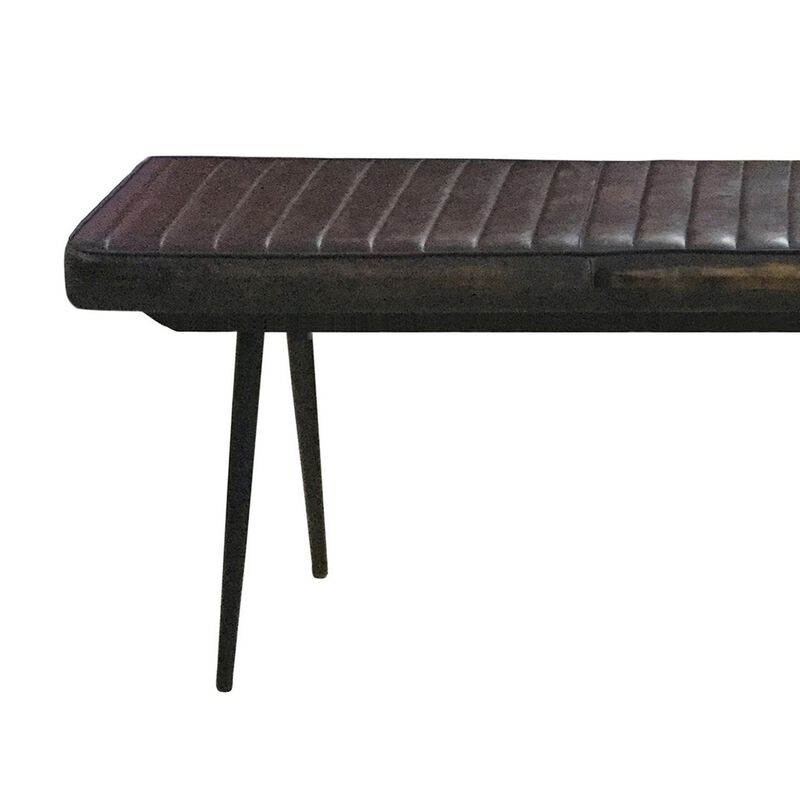 Mia 54 Inch Bench, Hand Dyed Espresso Brown Leather, Vertical Tufting  - Benzara