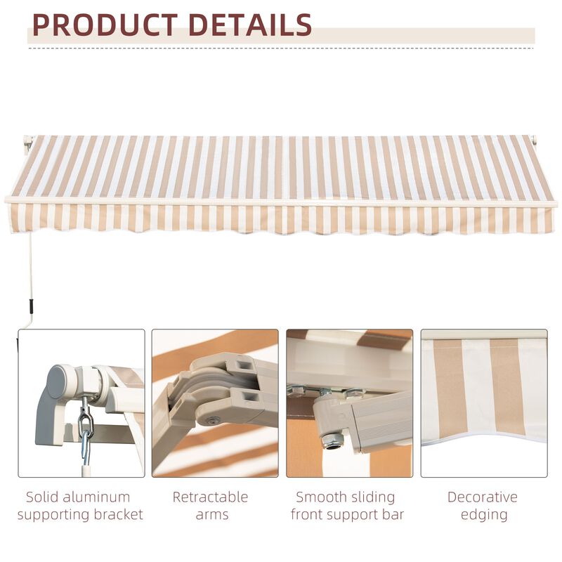 13' x 8' Manual Retractable Sun Shade Patio Awning with Durable Design & Adjustable Length Canopy, Beige Stripes