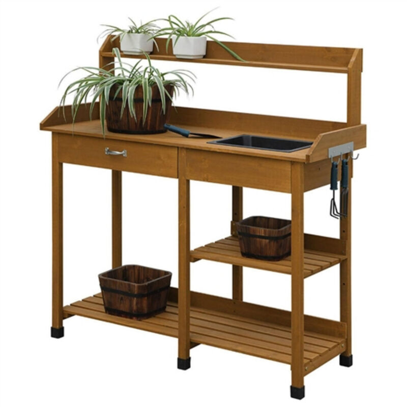 Outdoor Potting Bench Table – Sink, Drawer & Storage Shelves for Garden Organization