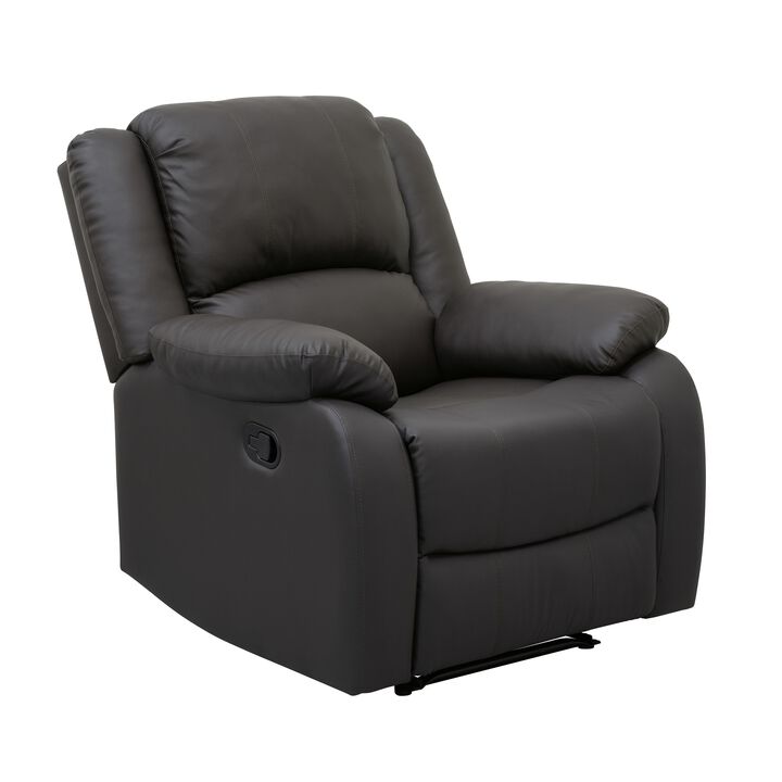 Chris 38 Inch Manual Recliner Chair, Solid Wood, Black Faux Leather - Benzara