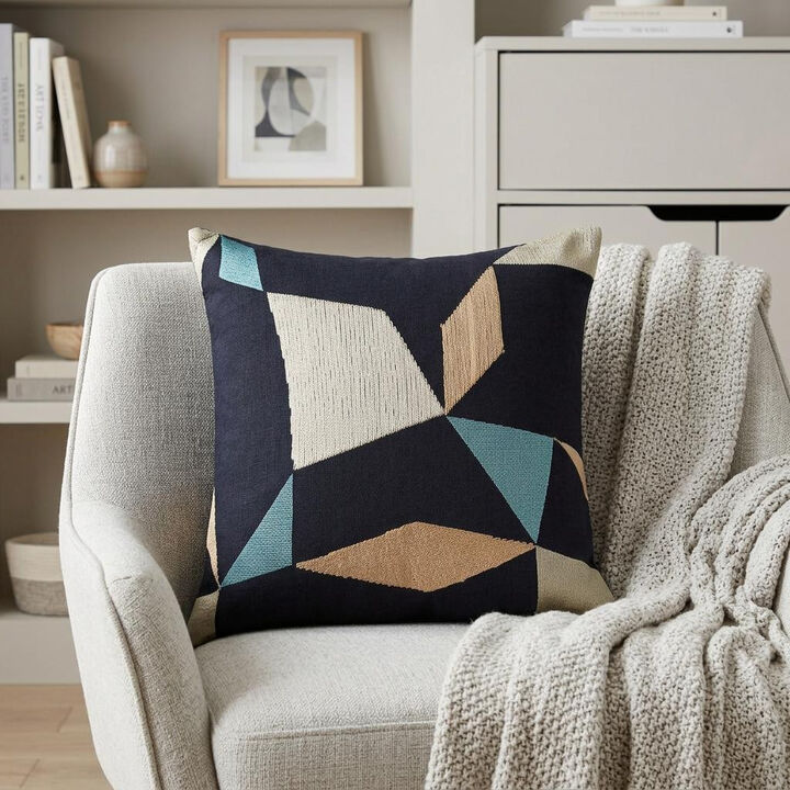 HomeRoots 20" Blue and Beige Geometric Cotton Blend Throw Pillow With Embroidery