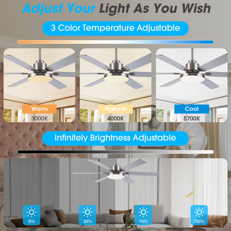 60" Modern Brushed Nickel Ceiling Fan with LED and Remote