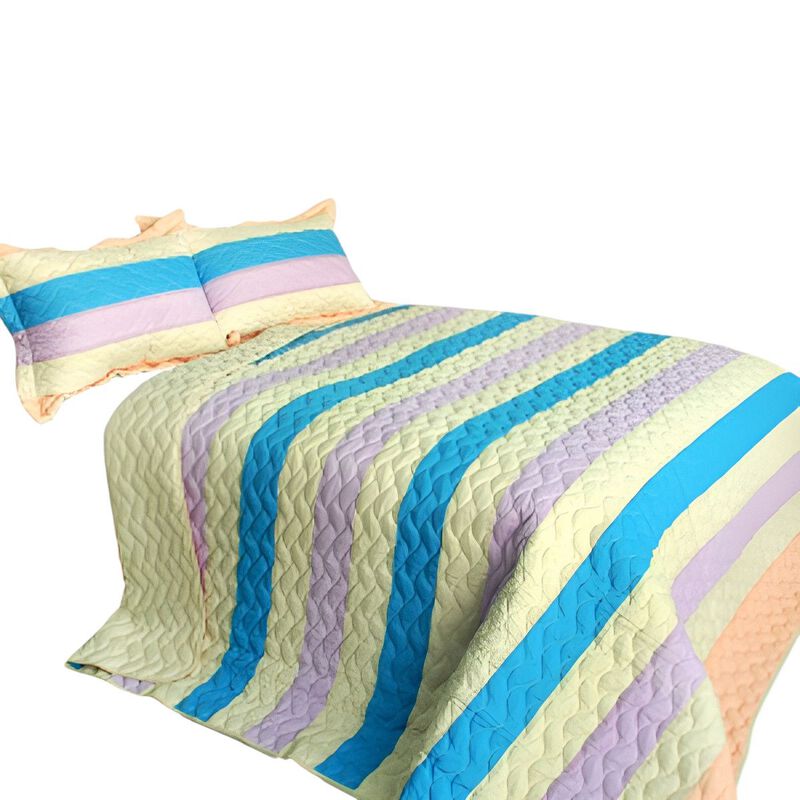 Queen Size 3-Piece Vermicelli Quilted Patchwork Quilt Set with Shams - Blue image number 1