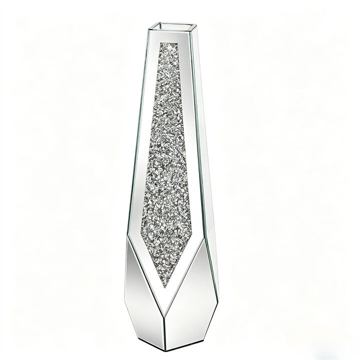 XL Floor Vase Sparkle Diamond Crushed Silver Mirrored Vase Bevelled Border Base