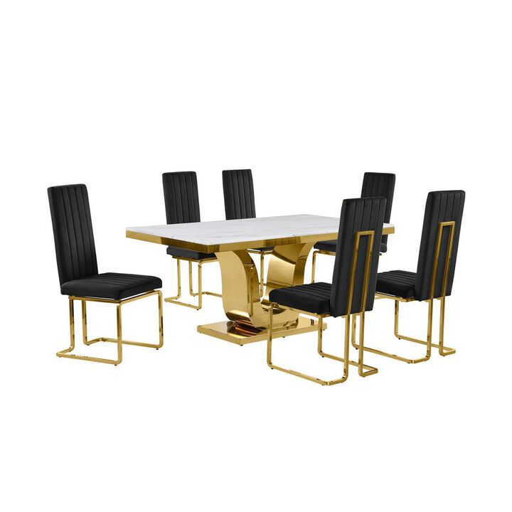 7pc Small(66") marble stop dining set with gold base and 6 Black side chairs