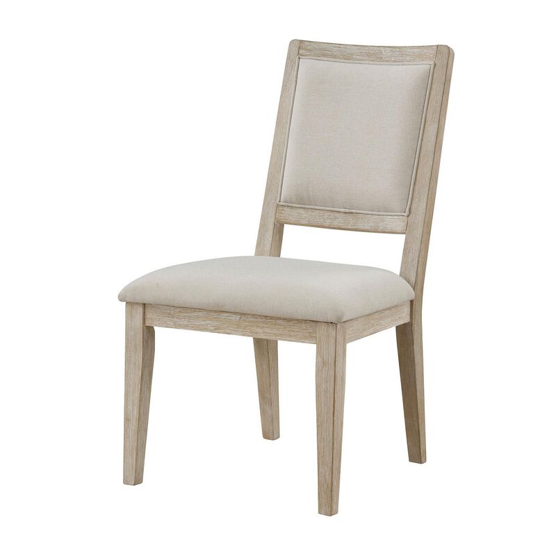 Eva Dining Side Chair Set of 2, Square Back, White Wood, Beige Fabric - Benzara