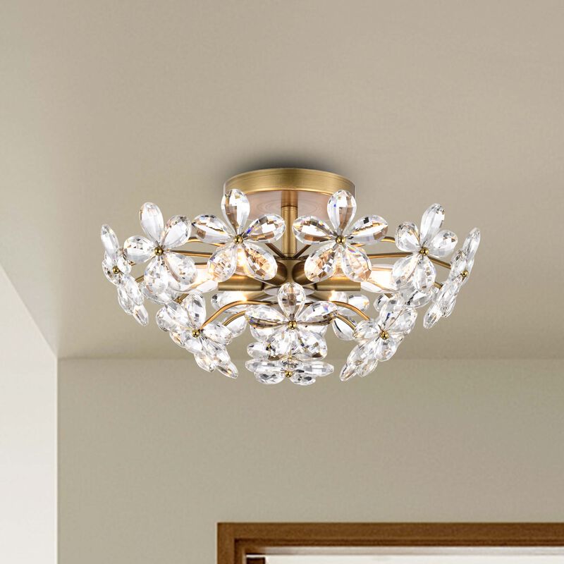 Coral 6-Light Brushed Brass Finish Crystal Glass Flower Flush Mount image number 6