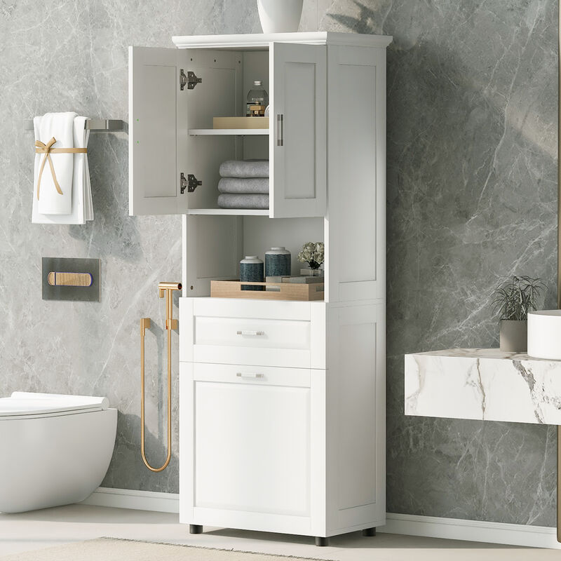Whisen Tall Bathroom Cabinet with Large Storage Cabinet, Drawer and Tilt-Out Laundry Hamper