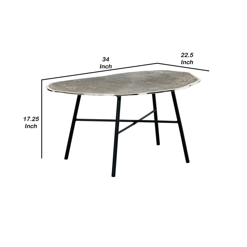 35 Inch Artisan Coffee Table, Abstract Shape Tabletop, Silver, Black-Benzara