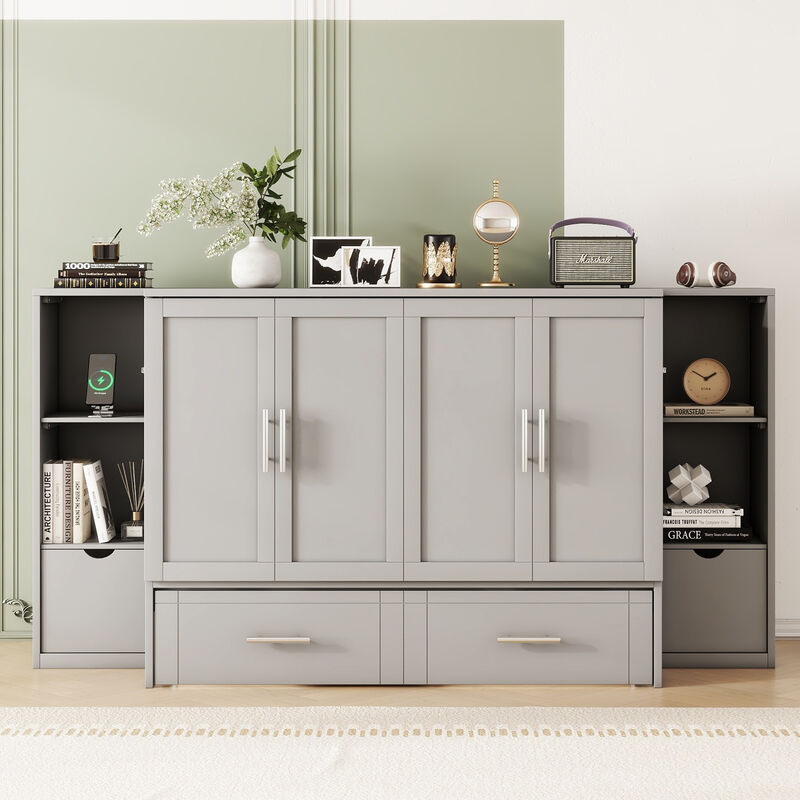 Whisen Modern Design Full Size Murphy Bed, Folded into a Cabinet with Shelves, Drawers and USB Ports