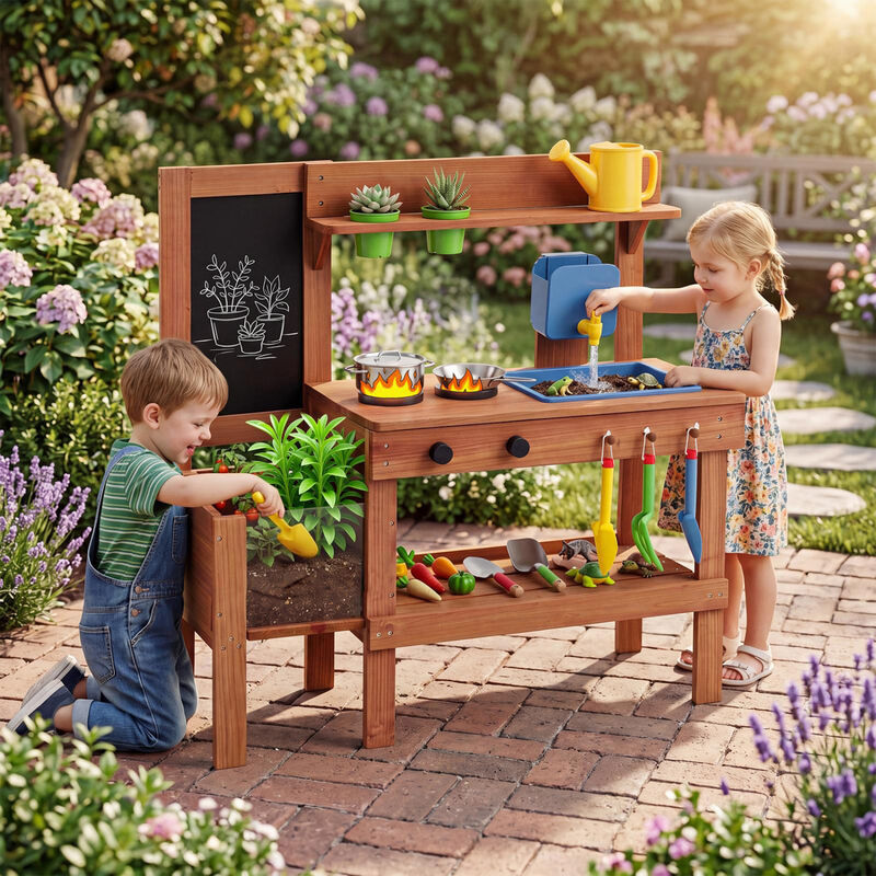 Kids Mud Kitchen Playset with Sink Planter Box and 13 Accessories image number 5