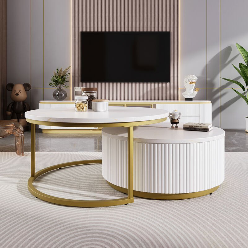 Merax Modern Round Nesting Coffee Table Fluted with Drawer image number 1