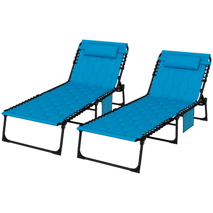 Outsunny Folding Chaise Lounge Set with 5-level Reclining Back, Outdoor Lounge Chairs with Build-in Padded Seat, Outdoor Tanning Chairs with Side Pocket, Headrest for Beach, Yard, Patio, Sky Blue