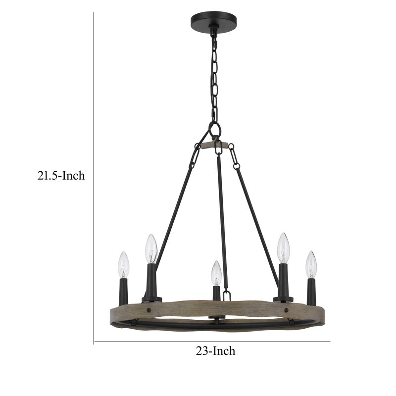 Stomy 23 Inch Chandelier, Brown Wood Wheel Design, Black Metal Chain - Benzara