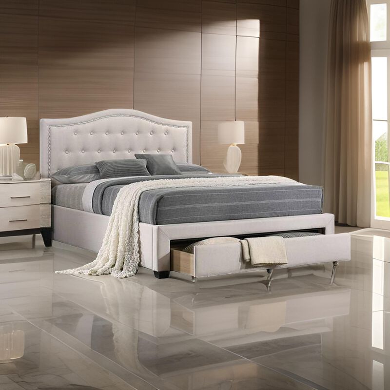 Buk Upholstered Tufted Queen Bed with Storage, Nailhead Trim, Ivory Burlap  - Benzara