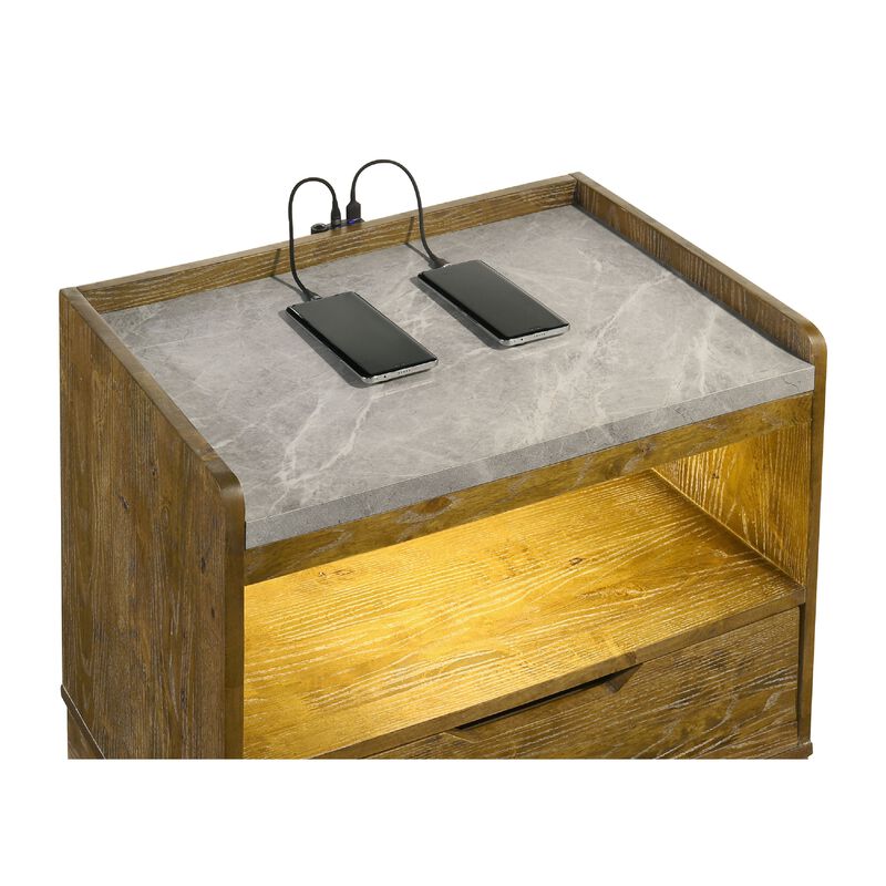 Nolan Nightstand with LED Cubby, Drawer and Marble Top, Brown Wood image number 6