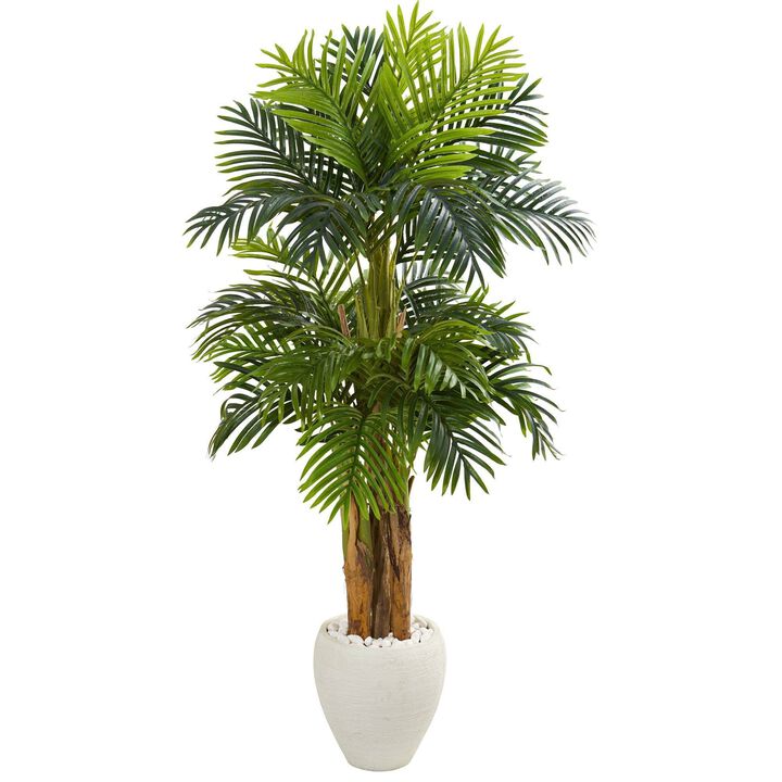 Nearly Natural 5.5-in Triple Areca Palm Artificial Tree in White Planter