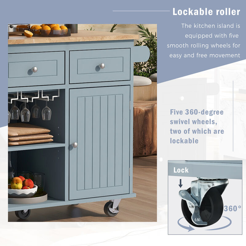 Whisen Modern Kitchen Island with Drop Leaf and Wheels - Grey Blue