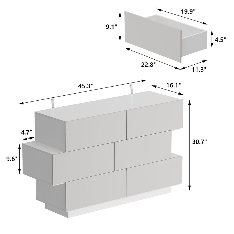 16.1 in. D x 30.7 in. H High Gloss White Wood 6-Drawer 45.3 in. W Chest of Drawers Storage Cabinet Modern Style
