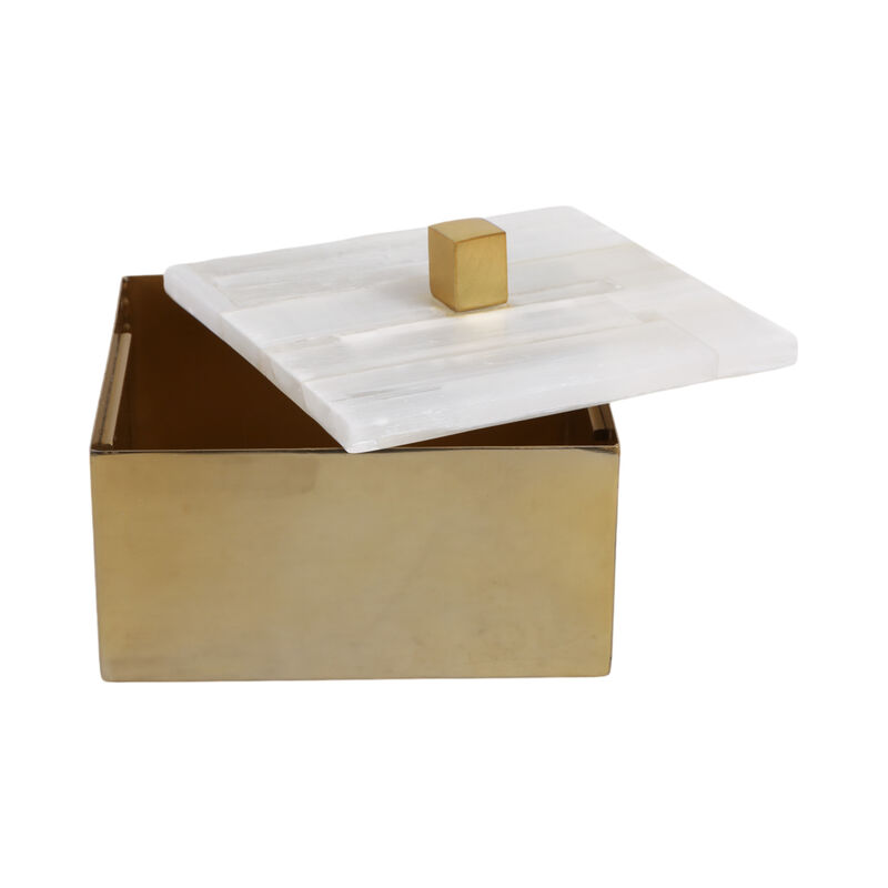 6" Square Selenite Top Box, White/gold image number 2