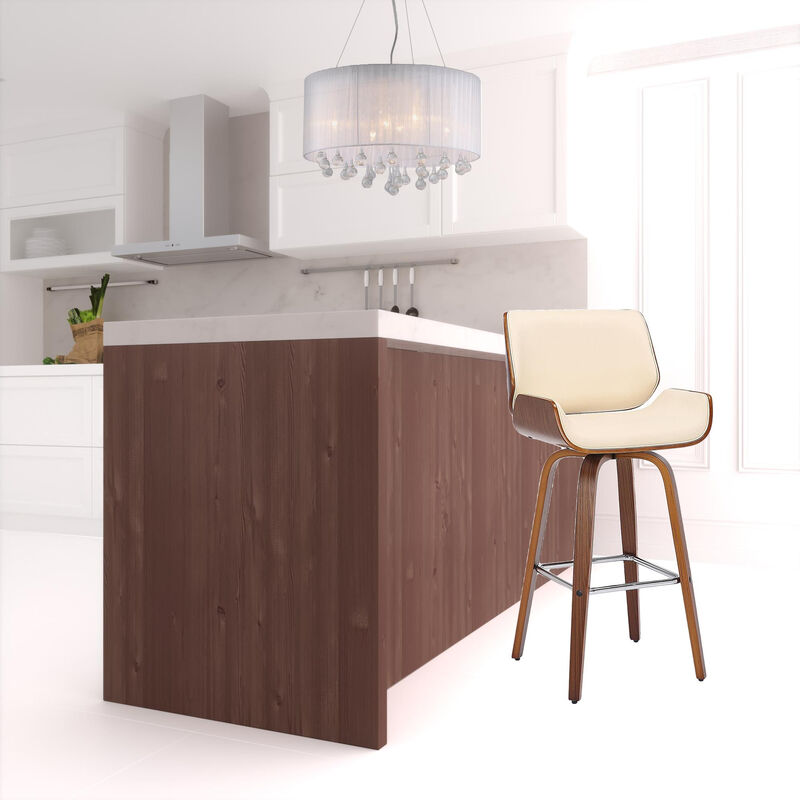 Hivvago 30 Inch Cream And Brown Faux Leather And Solid Wood Swivel Bar Height Bar Chair