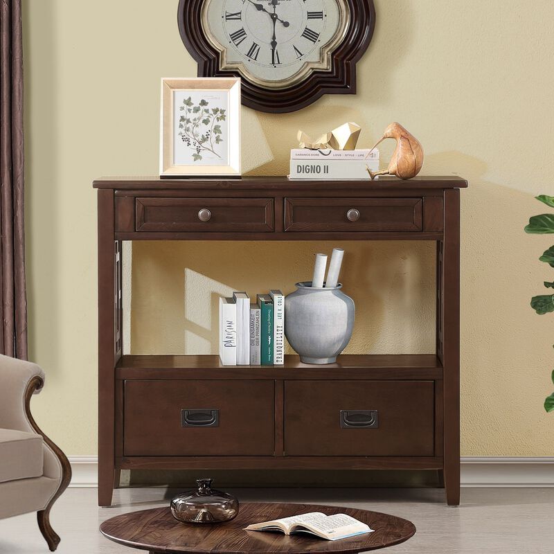 GOODSILO Farmhouse Pine Wood Console Table Entry Sofa Table with 4 Drawers and Storage Shelf image number 1