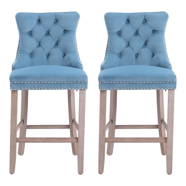 Velvet Barstools with Tufted Back, Nailhead Trim & Wooden Legs, Set of 2
