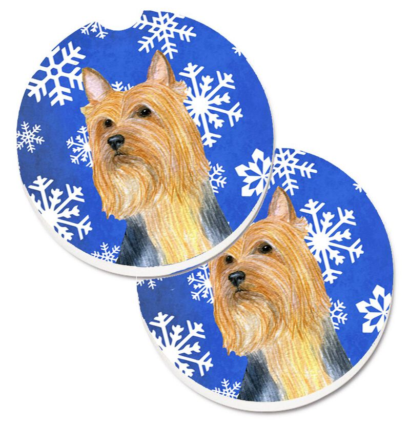 Caroline's Treasures Silky Terrier Winter Snowflakes Holiday Set of 2 Cup Holder Car Coasters LH9271CARC, 2.56, Multicolor image number 0