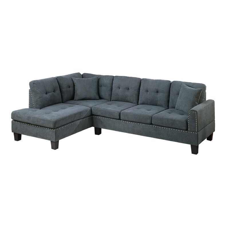 Dema 2pc Sectional Sofa Set, Chaise, 2 Pillows, Textured Black Velvet