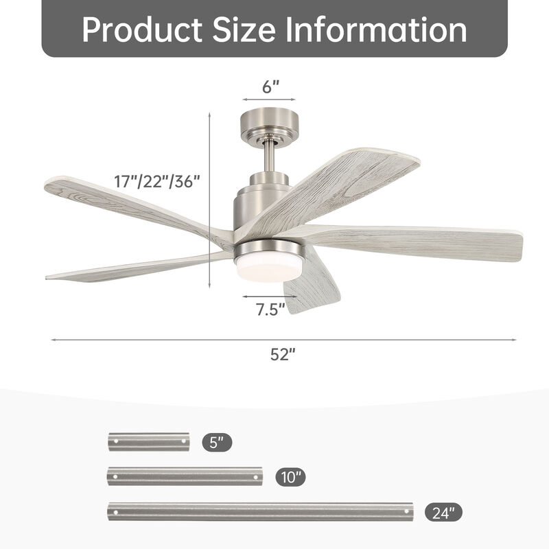 52 Inch Modern Ceiling Fan With Dimmable LED Light 5 Blades Remote Control Reversible DC Motor image number 3
