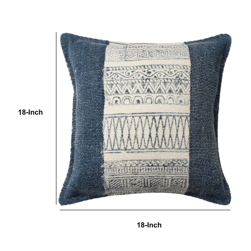 18 x 18 Square Handwoven Accent Throw Pillow, Polycotton Dhurrie, Kilim Pattern, Set of 2, White, Blue-Benzara