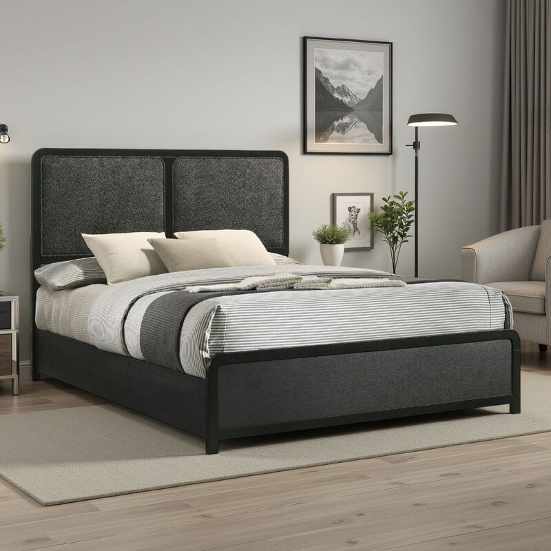 Cavy Queen Size Bed, Channel Tufted Upholstered Headboard, Black Gray - Benzara