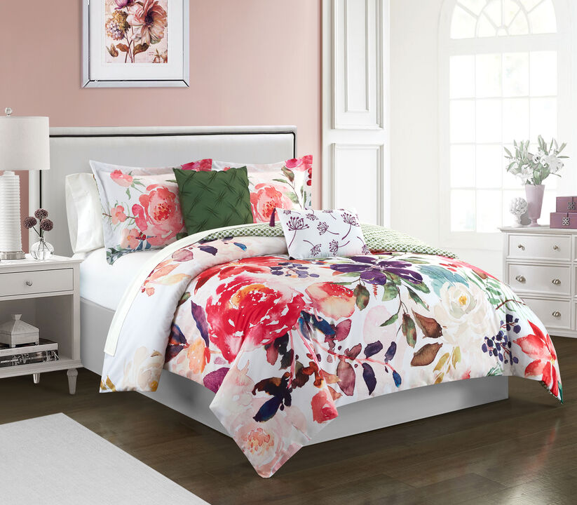 Chic Home Philia 5 Piece Reversible Comforter Set Floral Watercolor Design Bedding Decorative Pillows Shams Included Queen Multi