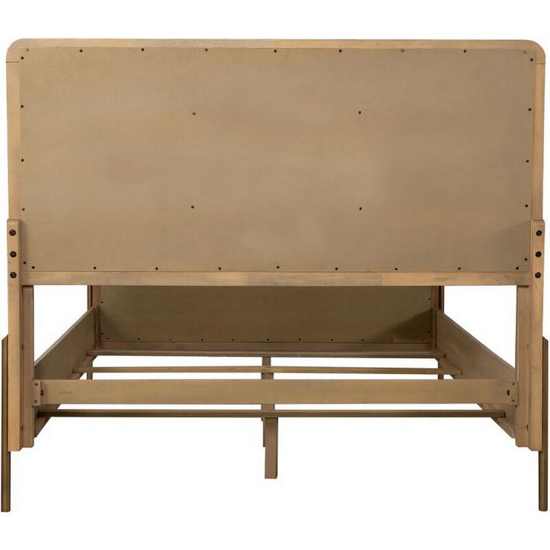 Sea Wood King Size Bed with Woven Cane Design, Open Panel, 4 Slats, Brown - Benzara