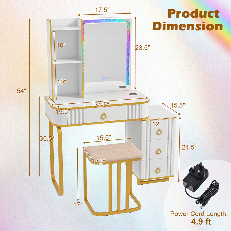 Vanity Table Set with RGB LED Lights and Wireless Charging Station