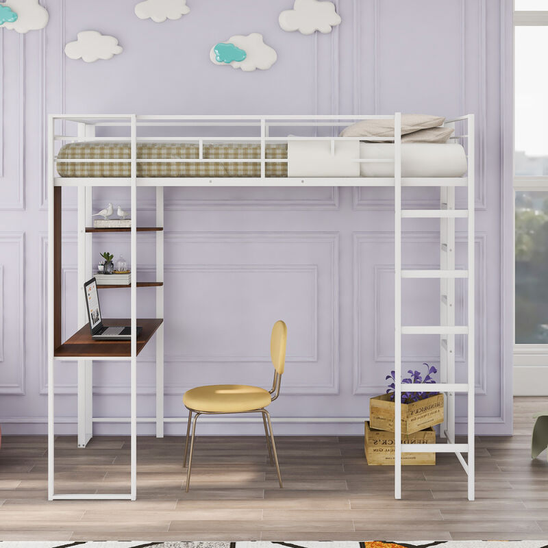 Twin Metal Loft Bed with 2 Shelves and one Desk, WHITE(Old SKU: MF281206AAK)
