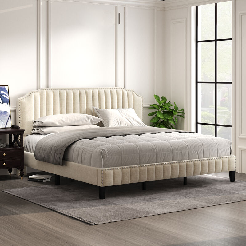 Merax Modern Linen Curved Upholstered Platform Bed , Solid Wood Frame , Nailhead Trim