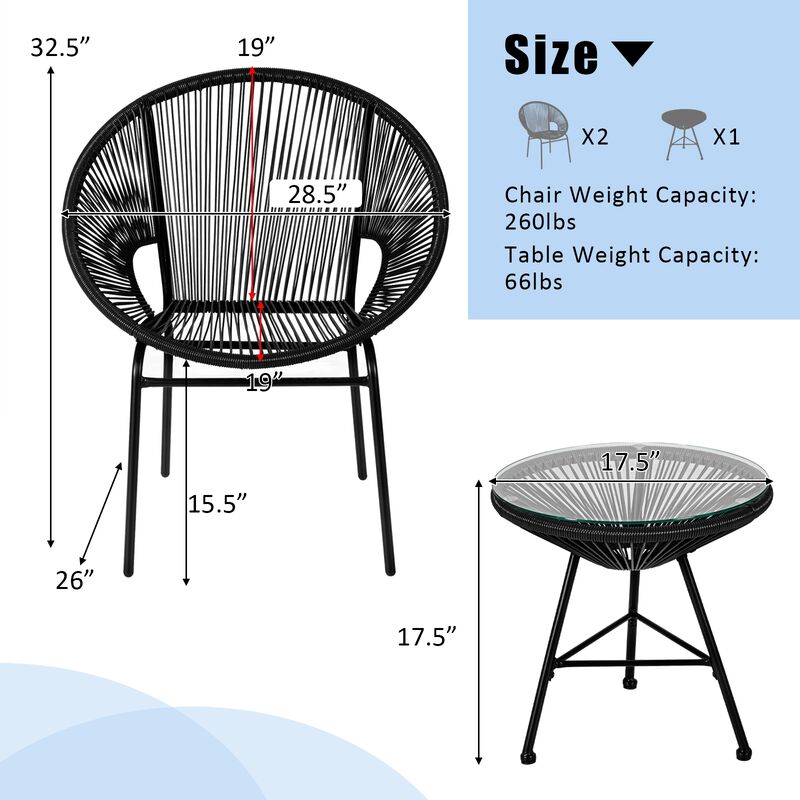 3 Pieces Patio Acapulco Furniture Bistro Set with Glass Table image number 6