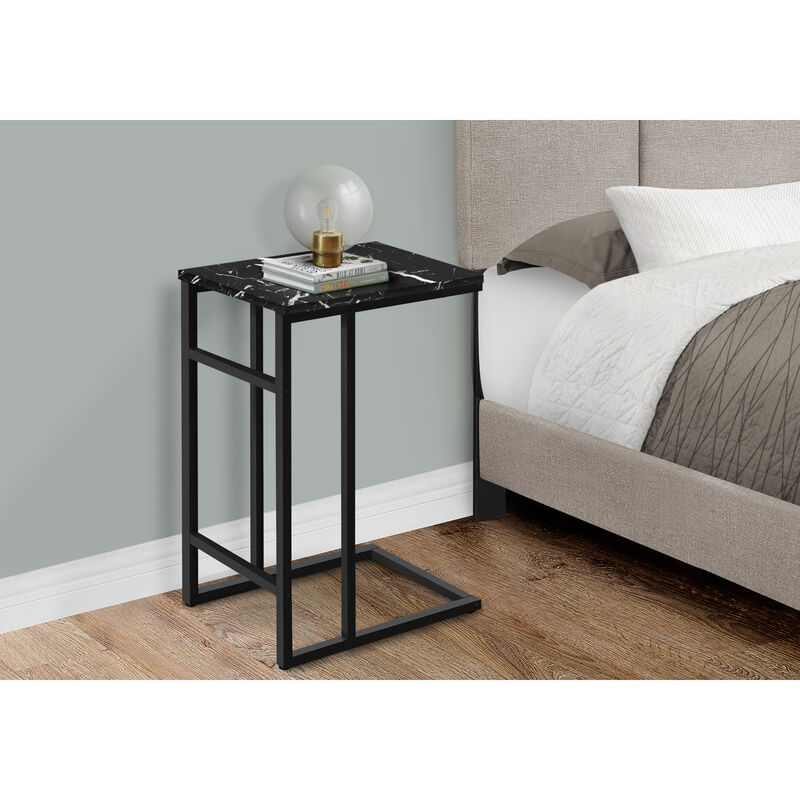 Monarch Specialties I 2174 Accent Table, C-shaped, End, Side, Snack, Living Room, Bedroom, Metal, Laminate, Black Marble Look, Contemporary, Modern