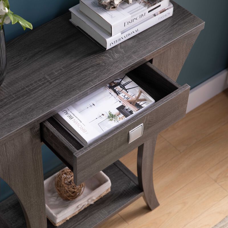 Distressed Grey Console with Bottom Shelf and Drawer
