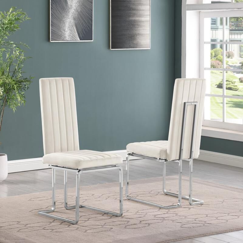 Best Quality Furniture Cream Velvet Chairs With Silver Base (Set Of 2)