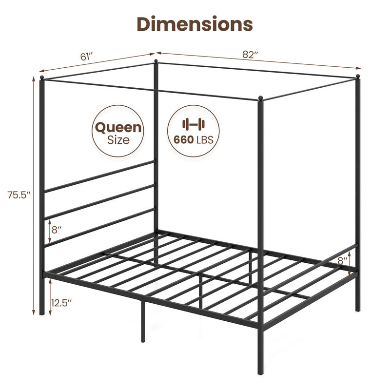 Metal Canopy Bed Frame with Slat Support
