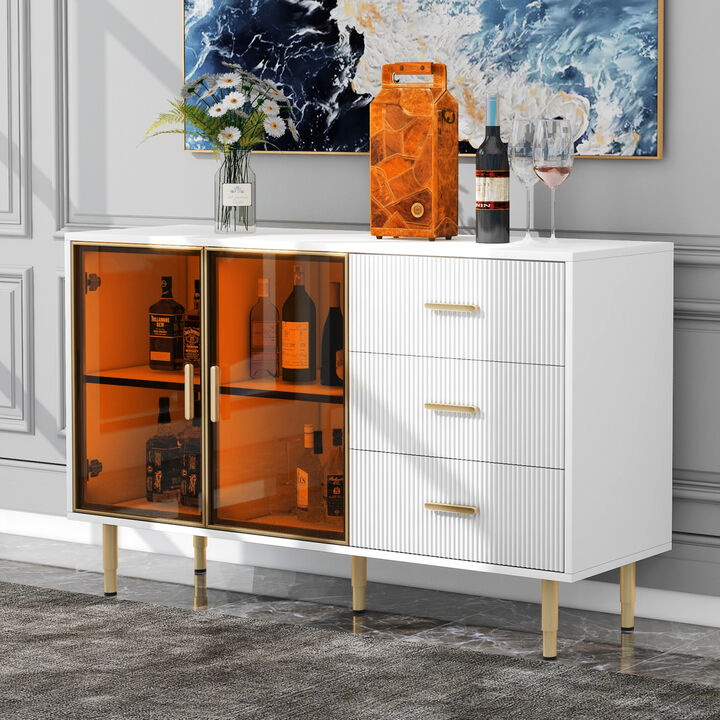 Modern Sideboard MDF Buffet Cabinet Marble Sticker Table Top and Amber-yellow Tempered Glass Doors with Gold Metal Legs & Handles (White)