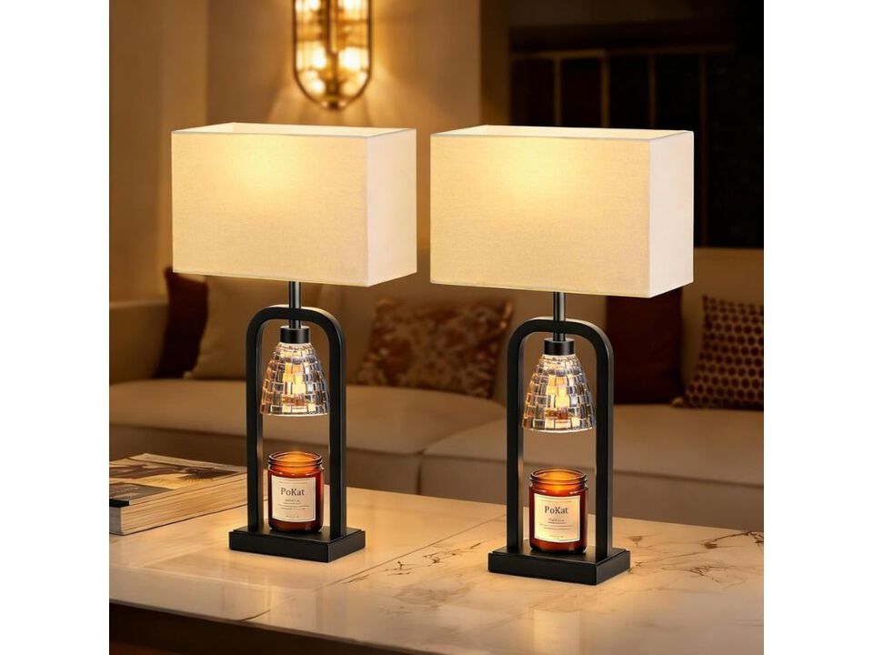 Farmhouse Table Lamp Set of 2 with Candle Warmer Timer Black 21 Inch