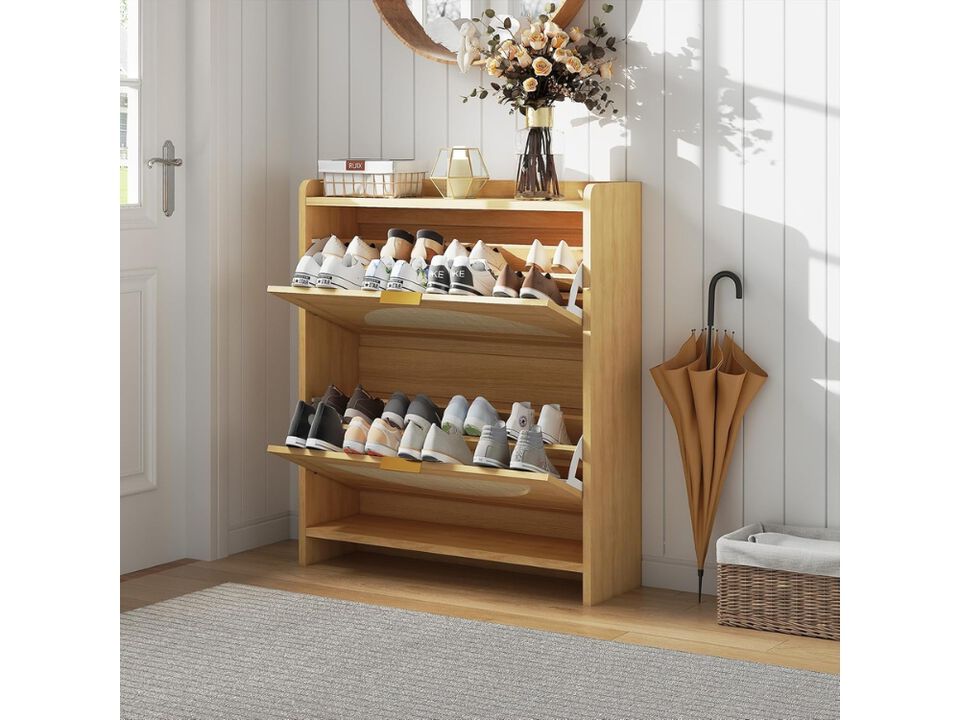 Entryway Wood Shoe Storage Cabinet Flip Drawer Adjustable Shelves