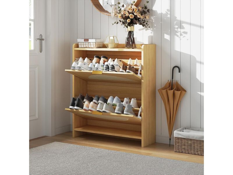 Entryway Wood Shoe Storage Cabinet Flip Drawer Adjustable Shelves image number 1