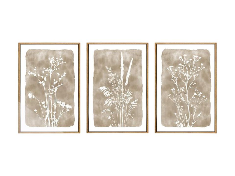 Beige Neutral Floral Canvas Wall Art Set 3 Framed Rustic Decor 16x24 In